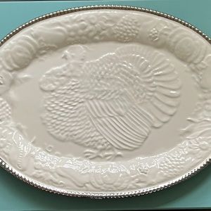 Large White Thanksgiving Turkey Platter Silver Dot Rim
